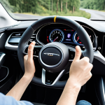 **

Prompt: Haptic feedback steering wheel in a modern car interior. The steering wheel subtly vibrates, alerting the driver. Focus on conveying safety and improved driving experience with advanced haptic technology. Interior should look sleek and high-tech, reflecting automotive advancements.

**