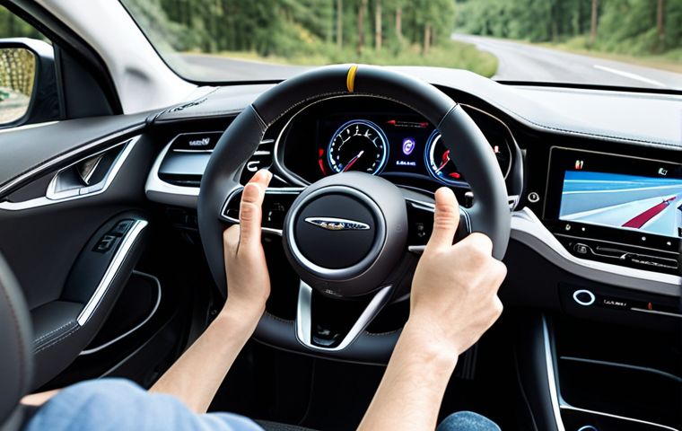 **

Prompt: Haptic feedback steering wheel in a modern car interior. The steering wheel subtly vibrates, alerting the driver. Focus on conveying safety and improved driving experience with advanced haptic technology. Interior should look sleek and high-tech, reflecting automotive advancements.

**
